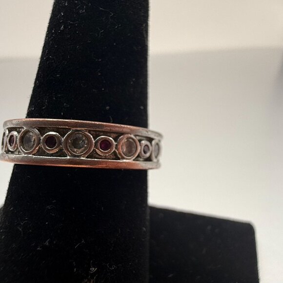 VTG 925 Sterling Silver Dainty Band Red & Clear CZ Circle Pattern Women’s Ring - Picture 6 of 7